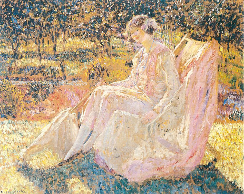 日光浴する印象派の女性フレデリック・カール・フリーセケ油絵